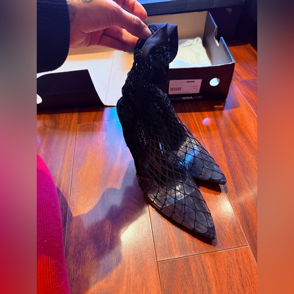 Fashion Nova Black Fishnet Pointed-Toe Stiletto Heels - Picture 3 of 7